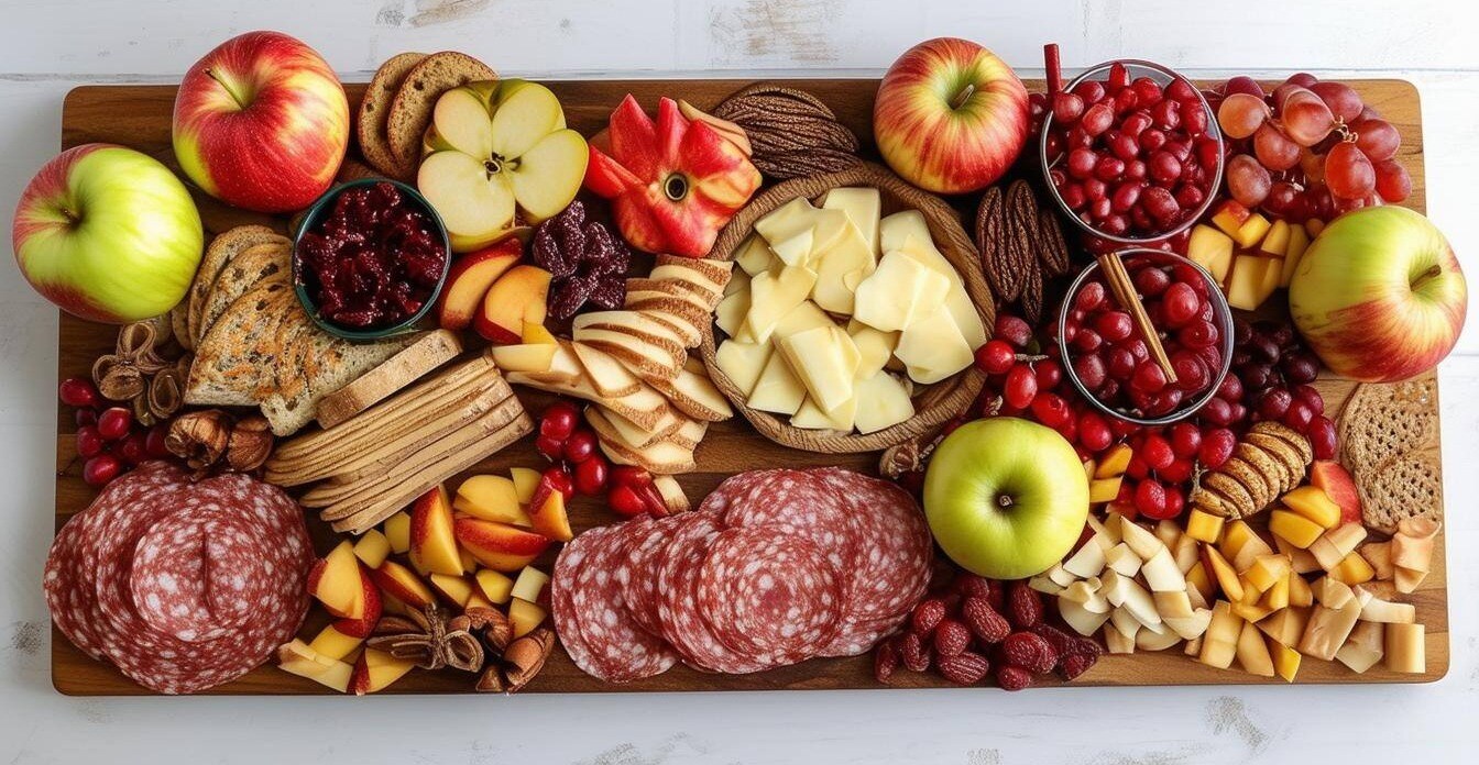 fall charcuterie board with apple theme